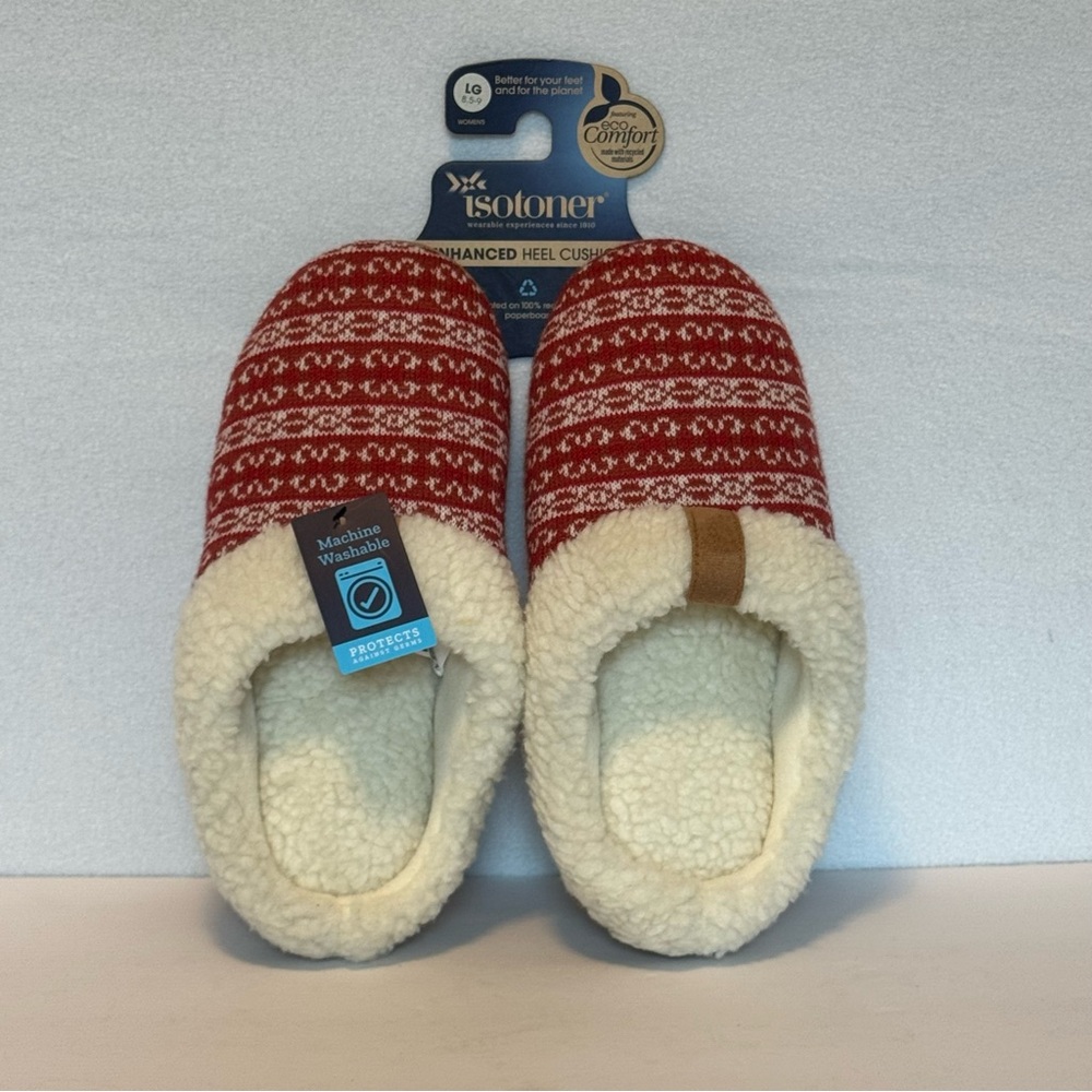 NWT Isotoner Enhanced Heel Women’ Slippers Slip On Faux Fur Cushion Large 8.5-9